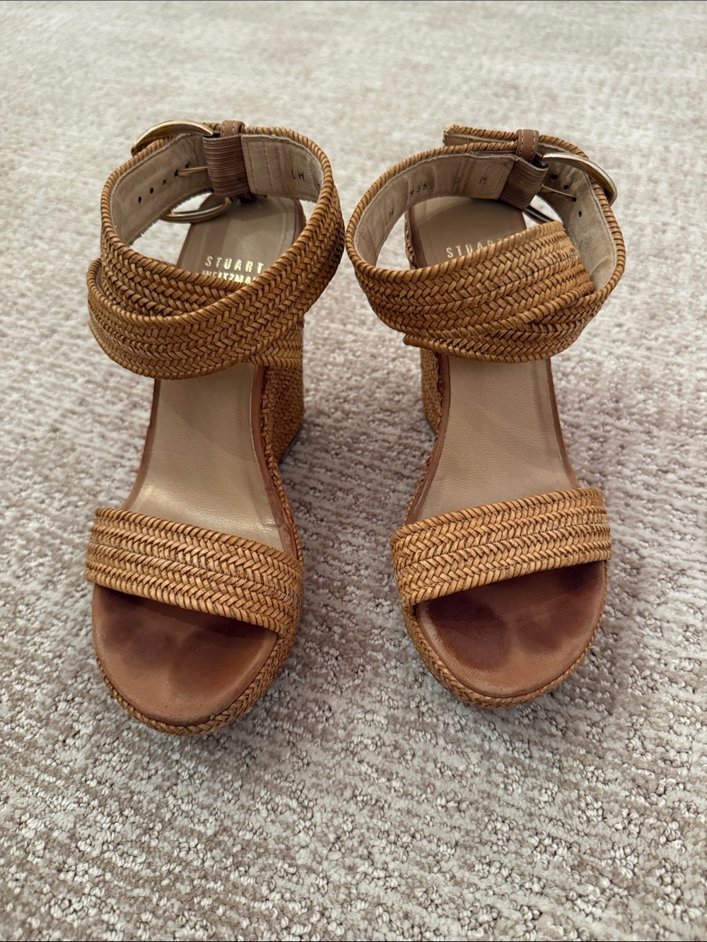 Stuart Weitzman Braided Tan Wedge Sandals with Ankle Strap